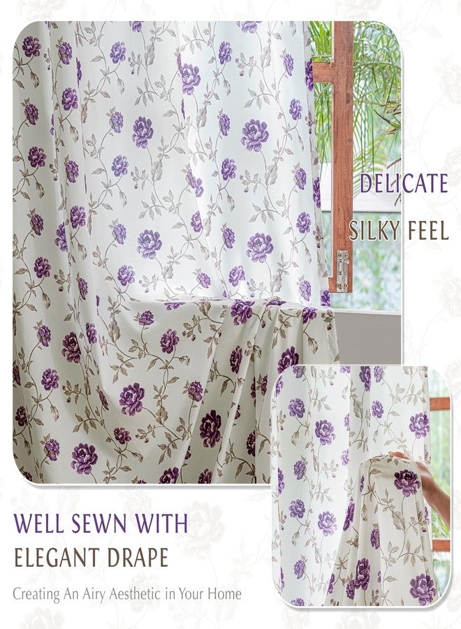 Beauoop Floral Sheer Curtains 54 Inches Long 2 Panels for Bedroom Living Room Purple Brown Flower Patterned Vintage Rose Light Filtering Silk-Like Rod Pocket Semi Voile Window Drapes, 52X54 2 Set - Image 5